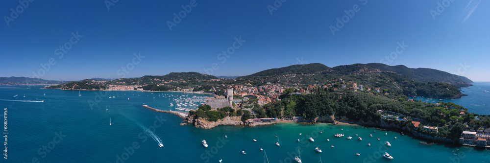 Italian resorts on the Ligurian coast aerial view. Aerial view of Lerici, La Spezia province, Liguria, Italy.  Aerial panorama of the city of Lerici. - obrazy, fototapety, plakaty 