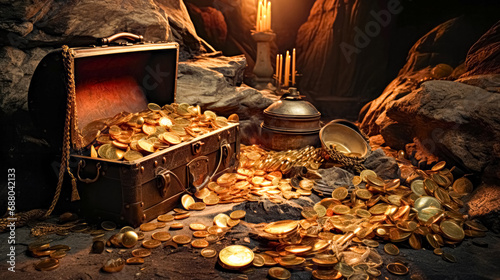 Treasure chest with gold coins and precious stones on a stone background
