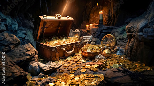 Treasure chest with gold coins and precious stones on a stone background photo