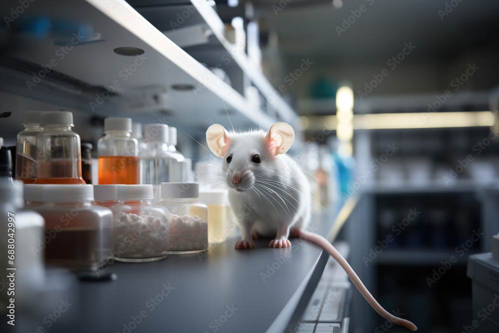 Small white laboratory mouse with dark eyes in on metal lab office ...