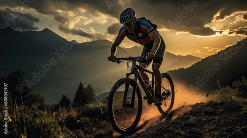 An adventurous mountain biker is riding his bike on an extreme rocky dirt road with dramatic views of the surrounding mountains created with Generative AI technology