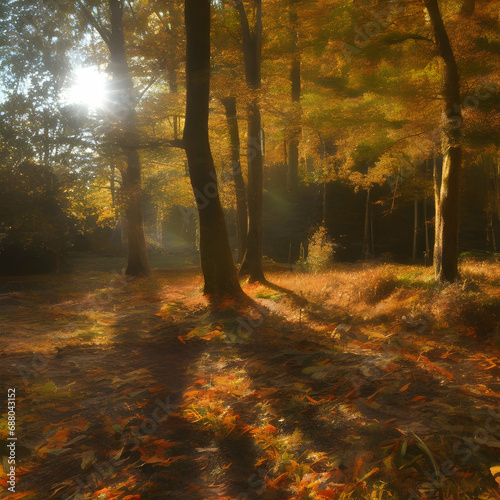 Sunlight Streaming Through Trees in Enchanting Forest, The sun is shining through the trees in the woods