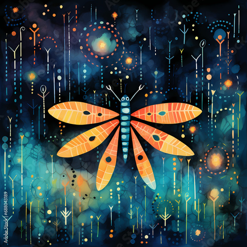 a dreamscape featuring abstract fireflies with watercolor-inspired strokes  tribal motifs  and dynamic compositions