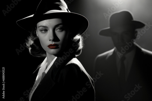 Woman wearing a hat and a coat characterized as a classic detective or gangster look. Femme fatale. Noir movie, portrait of 40s detective. photo