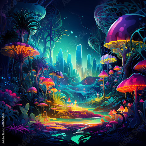 an abstract symphony featuring the neon glow of lights, cosmic influences, jungle elements