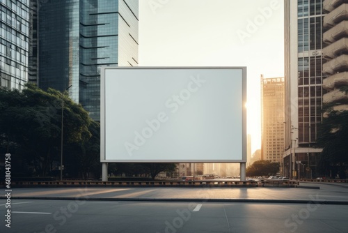An empty huge poster mockup on the roof of a mall  white template placeholder of an advertising billboard on the rooftop of a modern building framed by trees  blank mock-up of an outdoor info banner