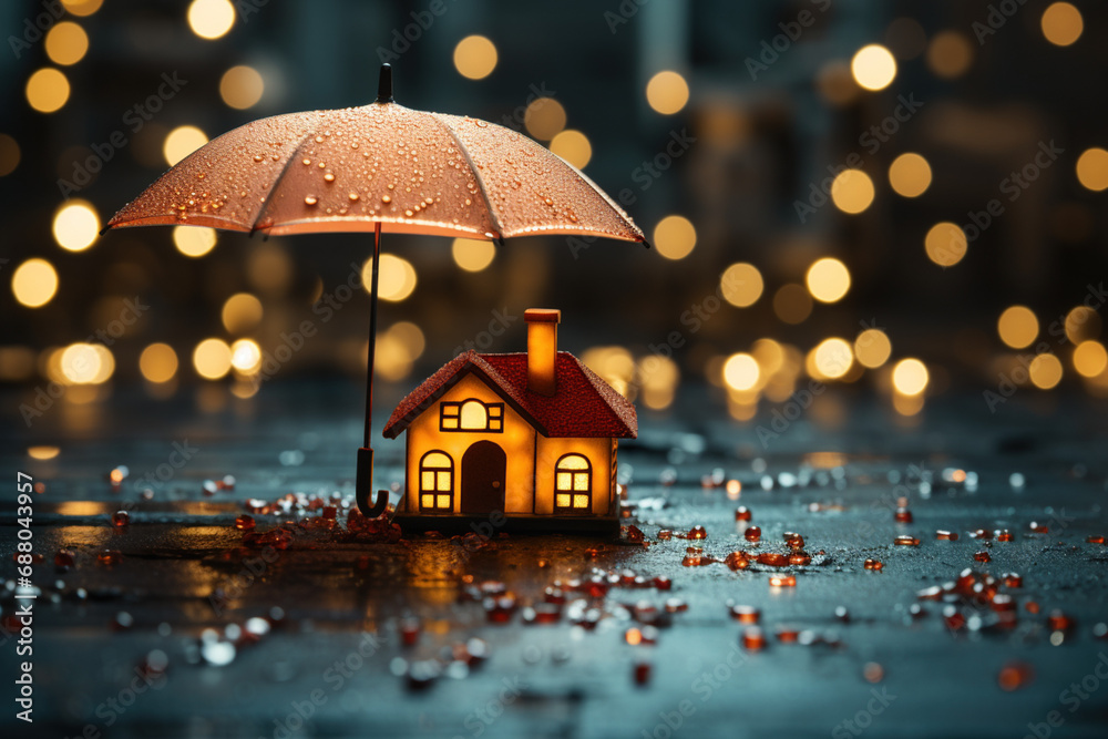 Real estate mortgage protection security safety business investment, home insurance residential home concept. House under yellow umbrella on nice bokeh studio background. Copy paste place for text