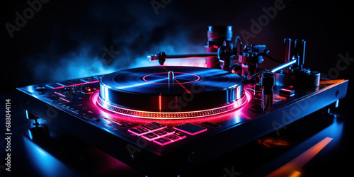 Neon lights cast a glow on a turntable, ready for a night of electrifying music.