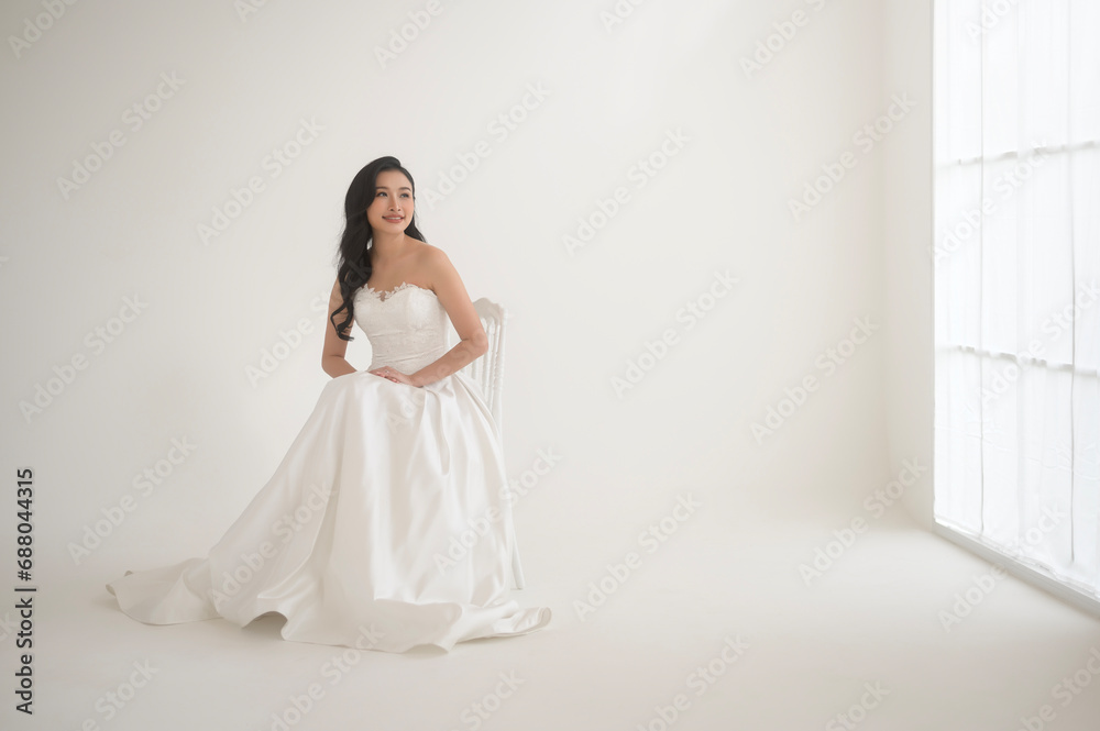 Portrait of beautiful bride with makeup and hairstyle in elegant wedding dress, wedding ceremony Portrait of beautiful bride with makeup and hairstyle in elegant wedding dress, wedding ceremony