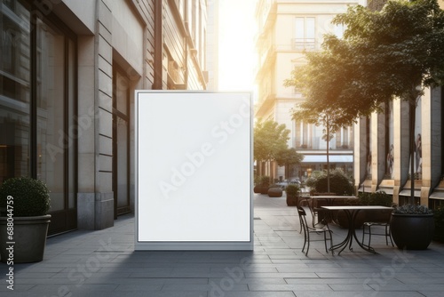 An empty huge poster mockup on the roof of a mall; white template placeholder of an advertising billboard on the rooftop of a modern building framed by trees; blank mock-up of an outdoor info banner photo