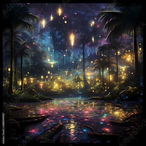 a symphony featuring the chromatic glow of lights, abstract fireflies in a jungle setting