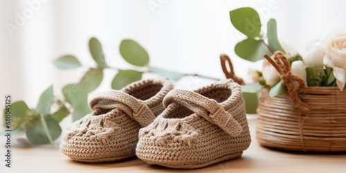 Knitted baby shoes on a delicate backdrop evoke the tender touch of infancy. photo