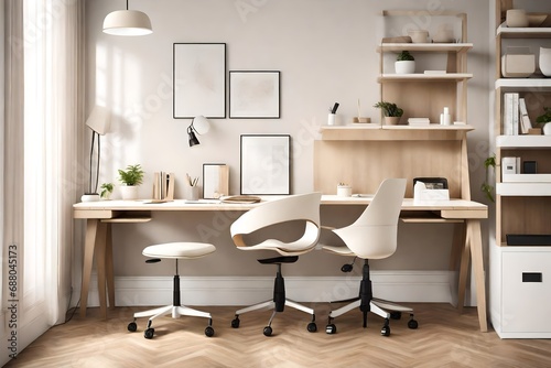 A modern study area with a white desk, cream-colored swivel chair, and minimalist decor for a focused and stylish workspace. © WOW