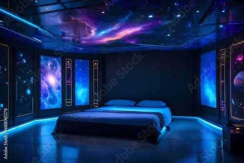 A space-themed bedroom with cosmic murals  glowing stars  and futuristic decor  transporting inhabitants to the depths of outer space.