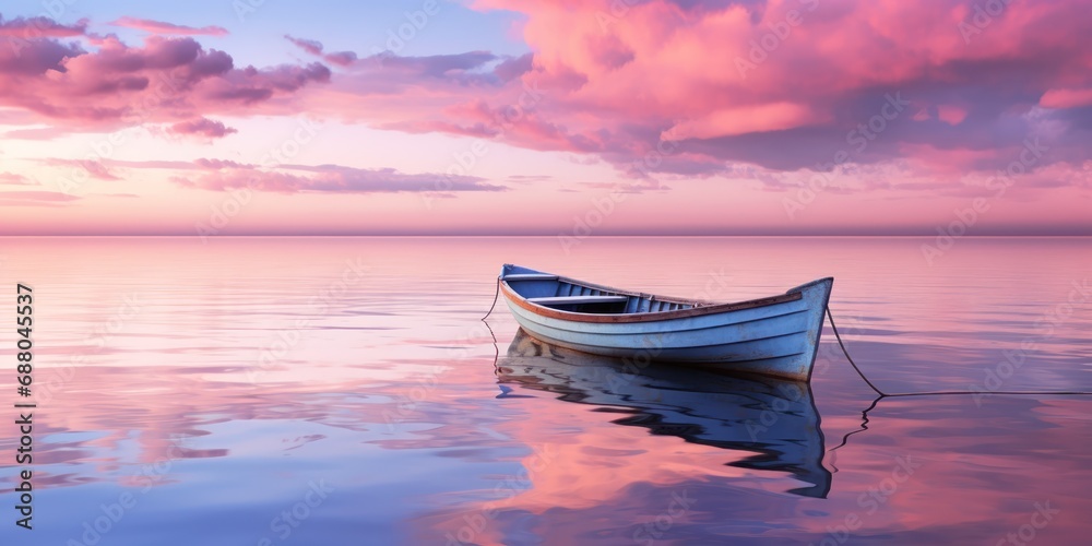 Reddish hues of dusk sky reflect on the water near a moored vessel.
