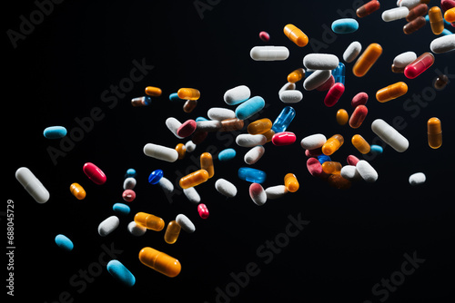 pills and capsules medication element on black background