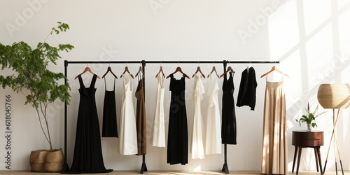 An airy boutique displays contemporary clothing in a chic, minimalist setting. photo
