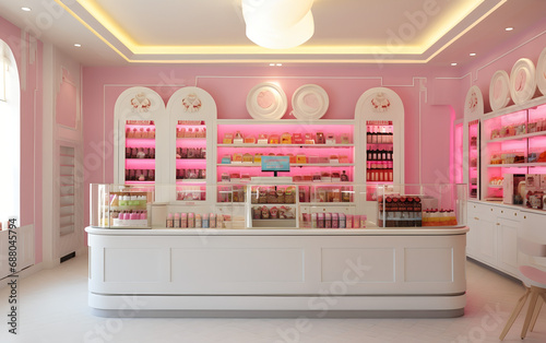 Interior of a modern sweets and sweets shop with bright and cheerful colours
