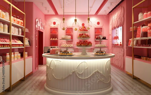 Interior of a modern sweets and sweets shop with bright and cheerful colours