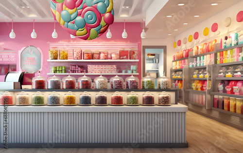 Interior of a modern sweets and sweets shop with bright and cheerful colours