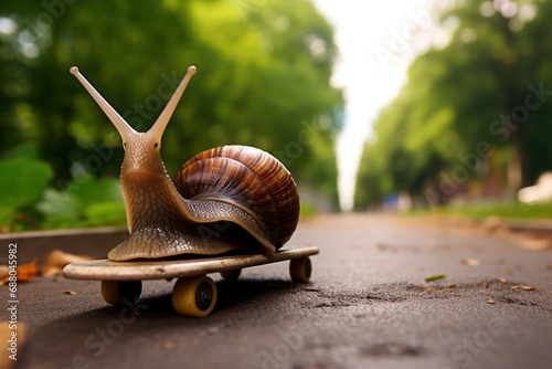 Slow snail riding skateboard. Speed increase, reptile courier delivery, transportation, efficient fast movement, time saving fast delivery concept photo