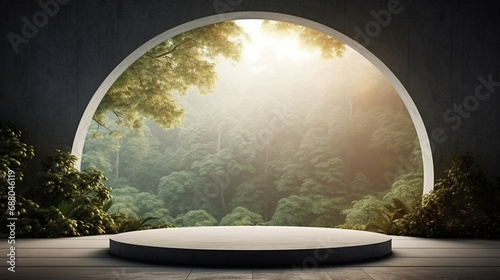 Empty concrete room, Large circular window, Round podium, Minimalist design, Nature background, AI Generated photo