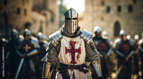 Templar knight wearing an armor with a red christian cross on it, medieval times with an army, castle village or town background, crusader hd