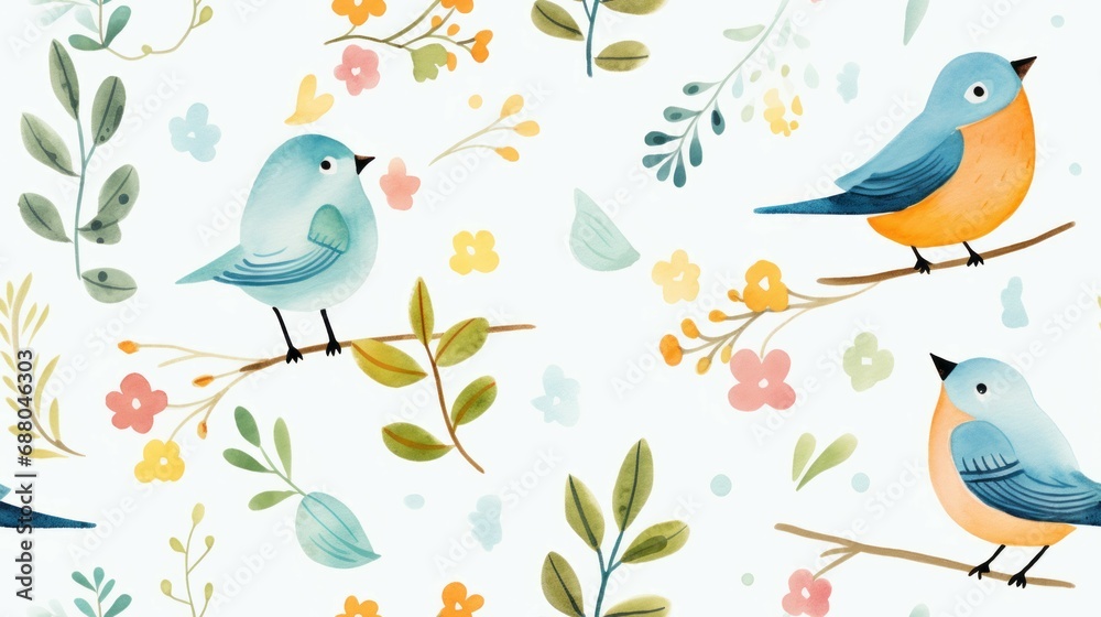 Pretty watercolor pattern with bird