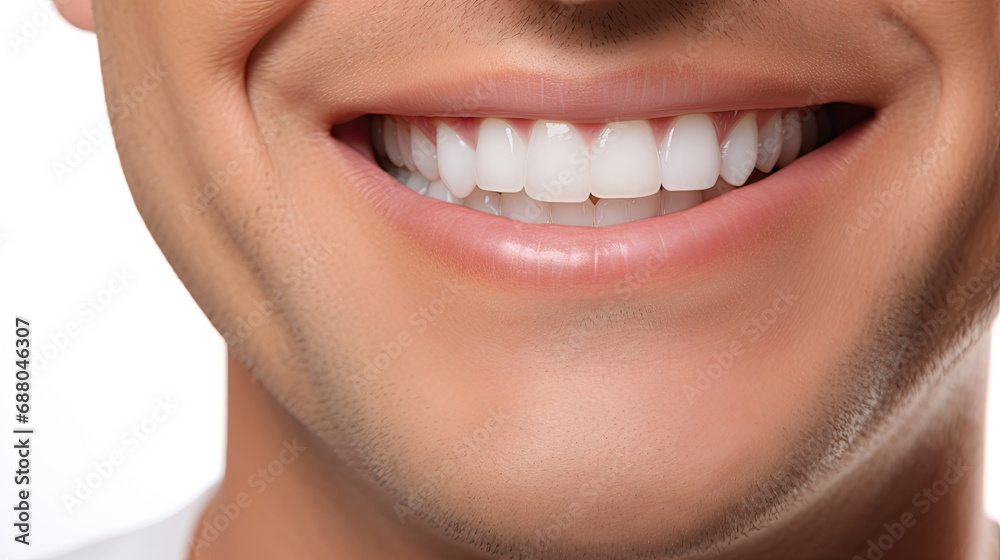 Obraz premium sweet smile of handsome man close up with chin, nose and mouth with very clean and perfect teeth looking for dental services advertisement on white background