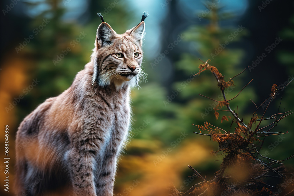 Fototapeta premium adventuring photography of lynx hinting wild in forest of new zealand, minimalistic composition, banner, glorious color