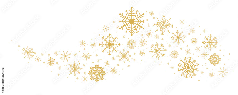 Wave golden snowflake swirl winter snow border ice decoration isolated on white background. Holiday crystal curve shape design, magic ornament Wave golden snowflake swirl winter snow border ice decoration isolated on white background. Holiday crystal curve shape design, magic ornament