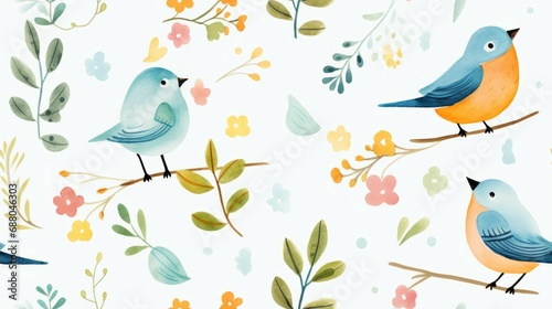 Pretty watercolor pattern with bird