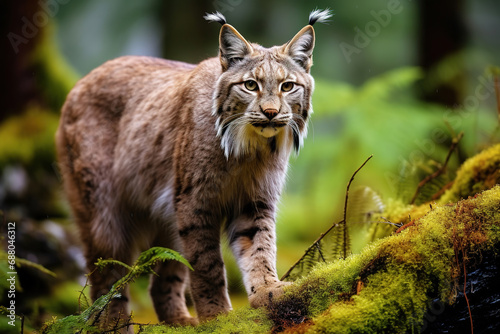 adventuring photography of lynx hinting wild in forest of new zealand, minimalistic composition, banner, glorious color © Uwe
