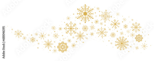 Wave golden snowflake swirl winter snow border ice decoration isolated on white background. Holiday crystal curve shape design, magic ornament