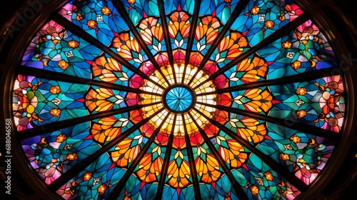 a colorful stained glass window, its vibrant panels capturing the sunlight and casting a kaleidoscope of hues across the room