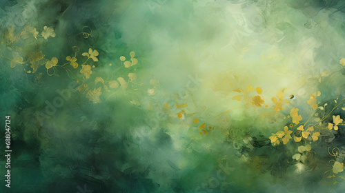 abstract vintage dreamy grunge art tempera decoupage in fantasy art Romantic floral atmosphere Green and gold background created with Generative AI technology