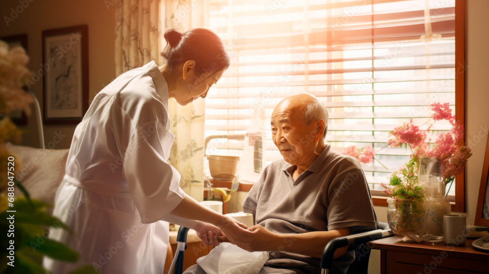 Fototapeta premium Asian senior man receiving medical help from a visiting nurse in the comfort of his own home