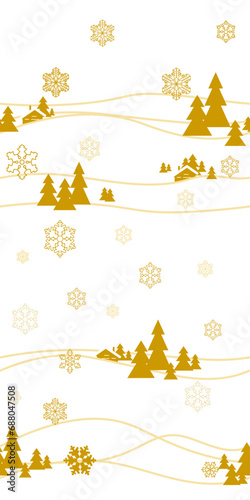 Decorative composition, seamless pattern, winter landscape, where stylized snowflakes, fir trees, houses and hills under the snow are depicted on a light background photo