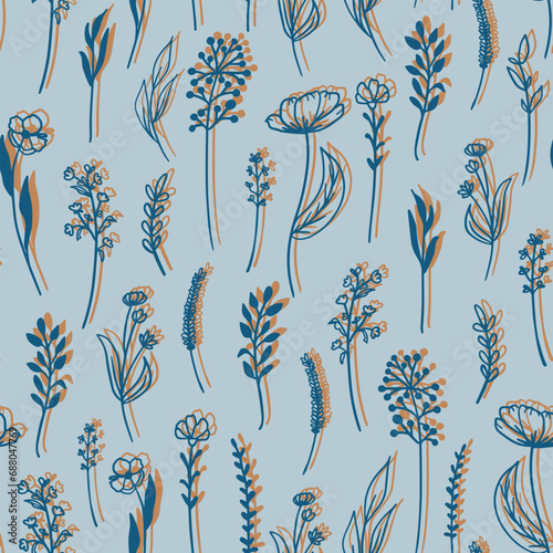 Hand drawn, various botanical elements seamless repeat pattern on blue background. Vector flowers, leaves, herbs, branches with shadows all over surface print.
