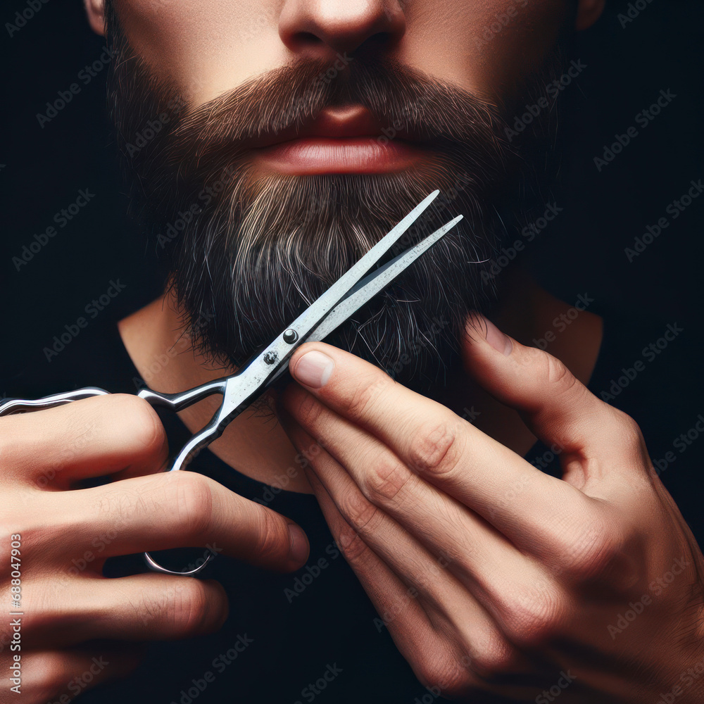 Obraz premium closeup of a man trimming his beard with scissors, barbershop on solid black background. ai generative