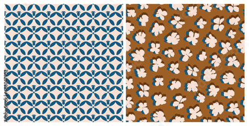 Set of floral and butterfly minimal all over surface print. Bundle of botanical and geometrical seamless repeat pattern in brown and blue.