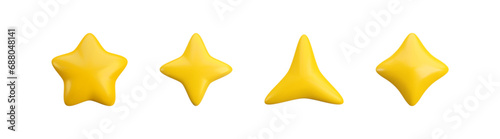 Vector 3d gold stars icons set. Cute realistic cartoon 3d render five, four and triangular star on white background. Glossy plastic yellow different star shapes for decoration, web, game design, app.