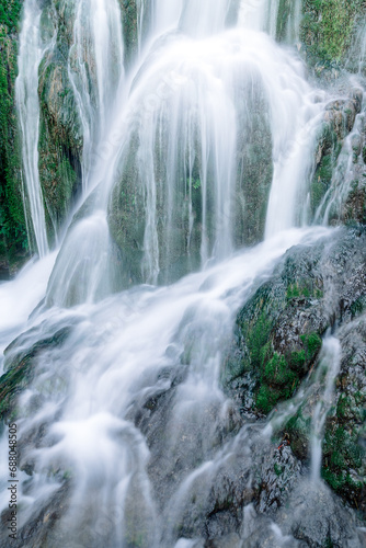 Silky effect waterfalls inside the village of Torbera, Burgos, Castile and Leon, Spain.
