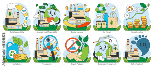 Ethical consumption set. Highlights responsible business practices and environmental care. Reflects sustainable living and green economy principles. Flat vector illustration.