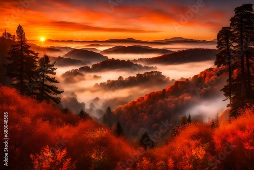 A stunning  fiery sunrise painting the sky and casting a golden glow over a mist-covered valley.