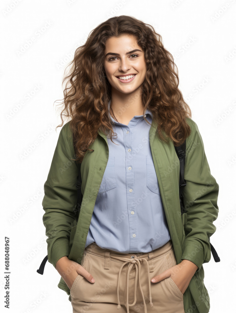 smiling university student woman standing wearing a green shirt and backpack isolated on a white background