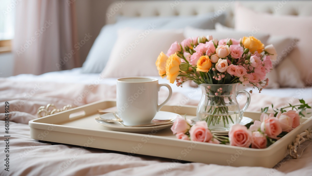 Tray with a cup of coffee, vase with flowers on the bed in the room comfort