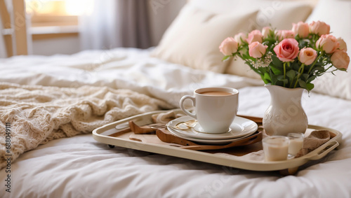 Tray with a cup of coffee, vase with flowers on the bed in the room morning