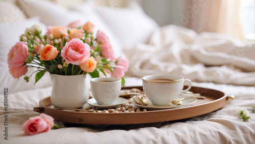 Tray with a cup of coffee, vase with flowers on the bed in the room decoration