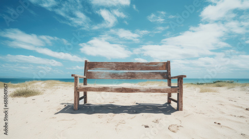 empty old wooden bench on a sandy hill in the middle of the island on a sunny day and blue sky with a view of the wide blue sea on the horizon created with Generative AI technology